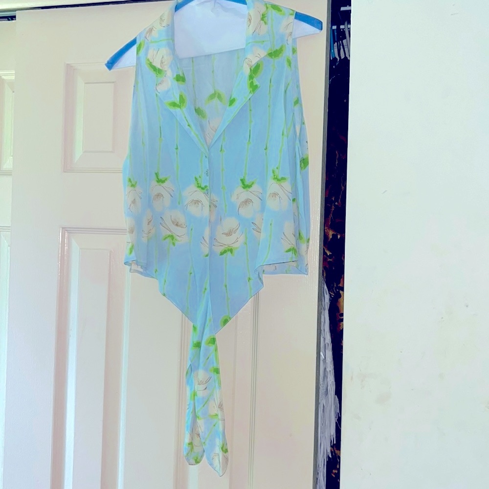 Blumarine Light Blue Floral Button Down Top With Tie Waist US Sz 8 Italian Sz 44